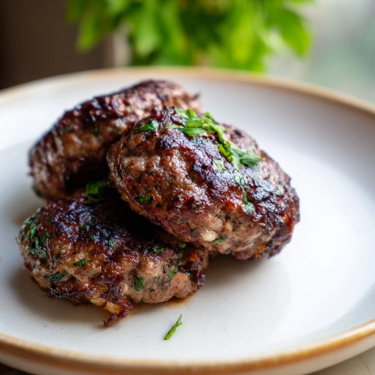 Close-up view of juicy spiced lamb rissoles alongside a vibrant gluten-free sweet potato salad with red onion slices and pepitas.