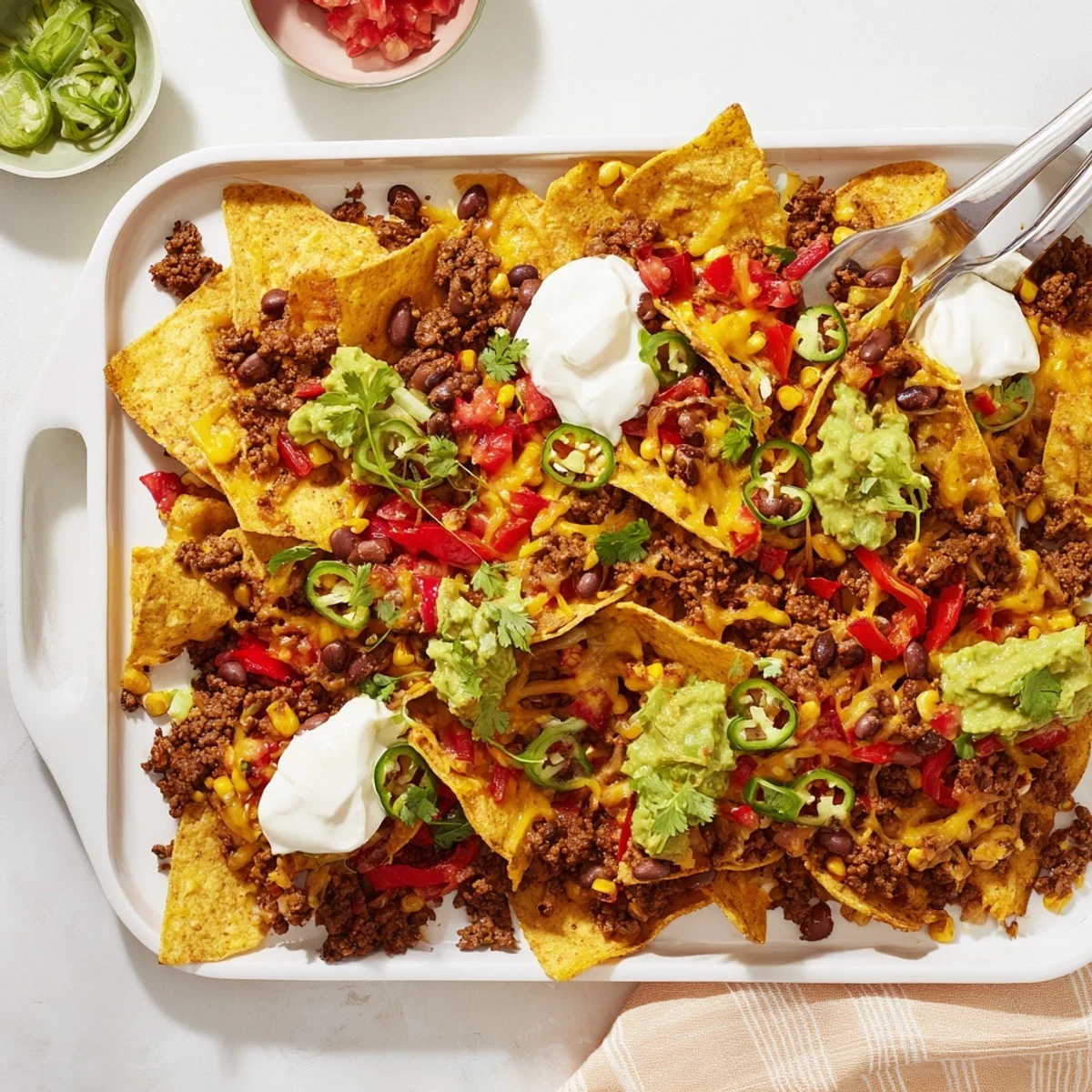 Golden Family Nachos Tray Bake fresh from the oven, with melted cheddar and Monterey Jack cheese bubbling over crispy tortilla chips.