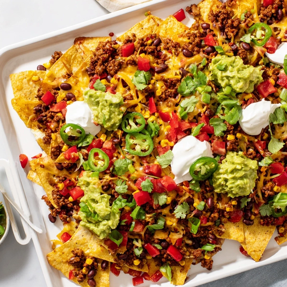 Family Nachos Tray Bake ready to serve with dollops of sour cream and guacamole beside colorful toppings on a rustic table.