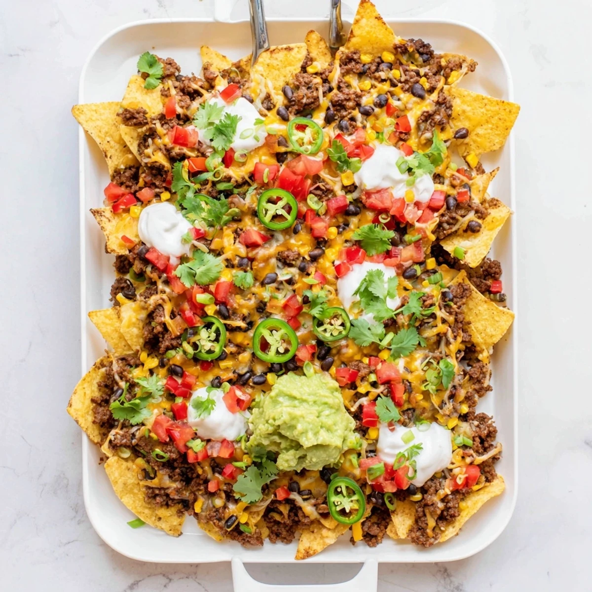 A generous serving of Family Nachos Tray Bake topped with seasoned beef, sweet corn, black beans, and fresh jalapeños on a platter.