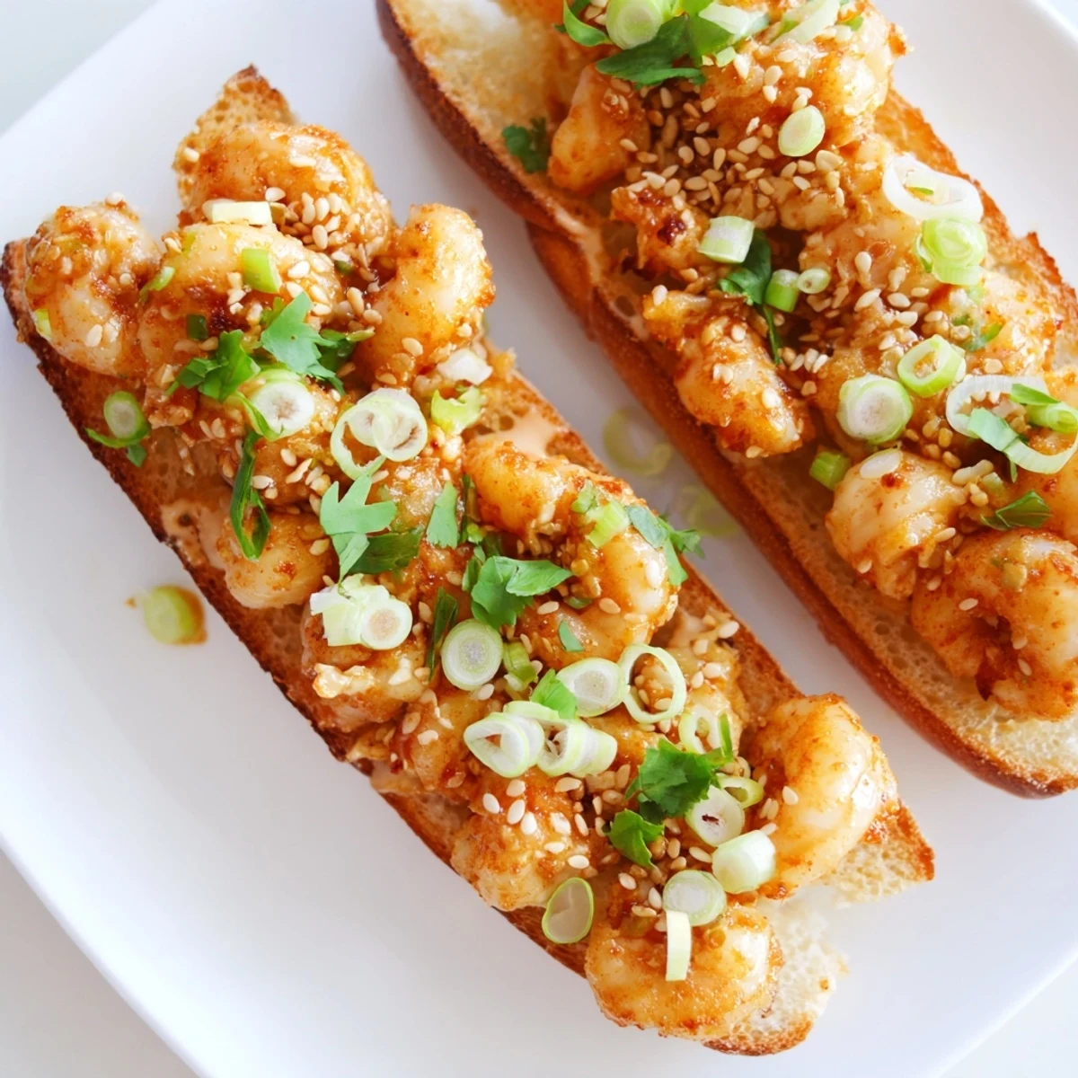 Vietnamese Cajun Shrimp Toast topped with spicy Cajun shrimp and fresh cilantro garnish.