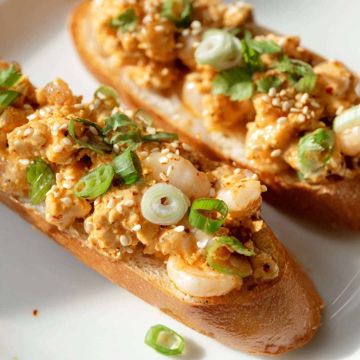 A close-up shows freshly baked Vietnamese Cajun Shrimp Toast with lime wedges for serving.