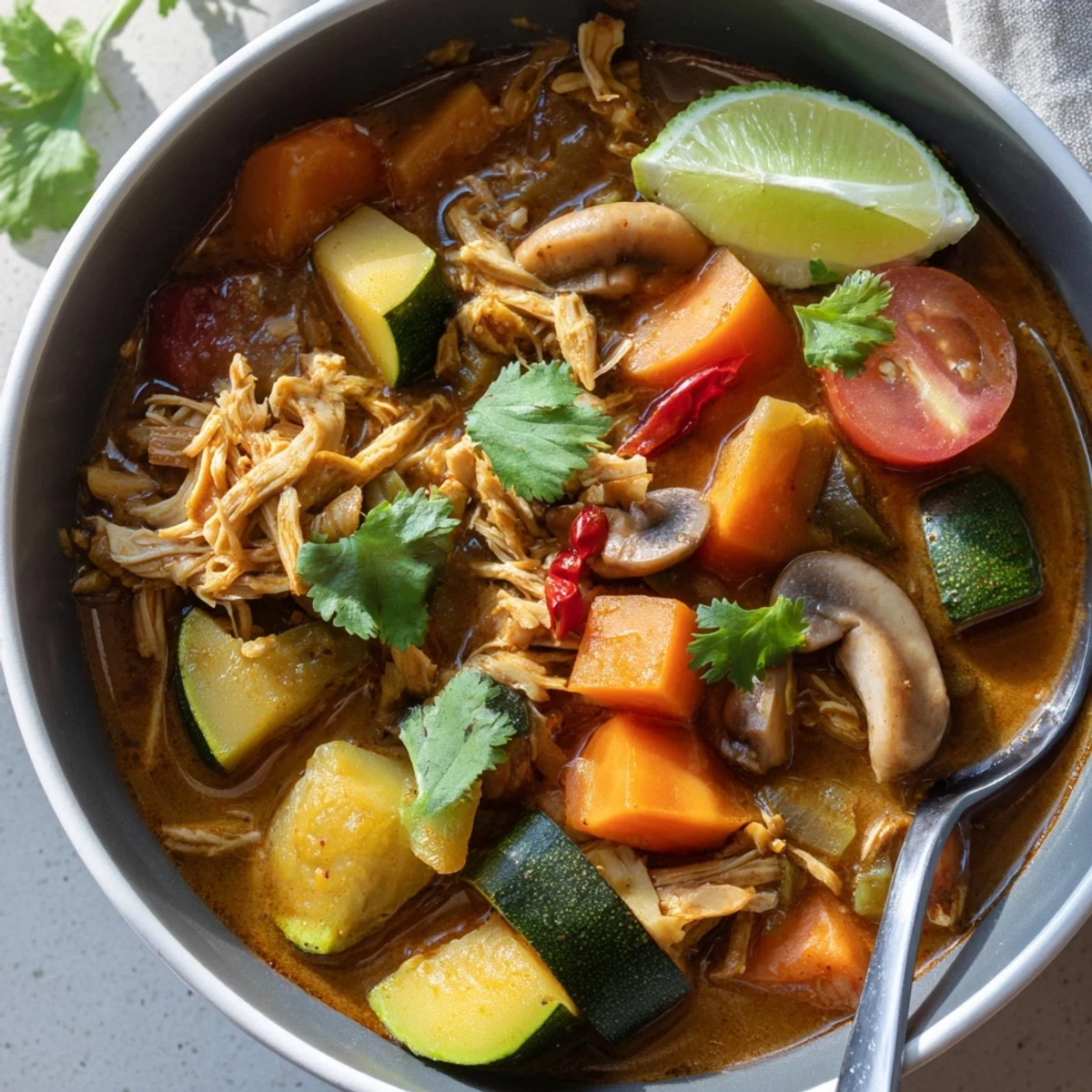Golden-brown jackfruit pieces and sliced mushrooms simmering in a creamy coconut curry sauce, garnished with fresh cilantro.