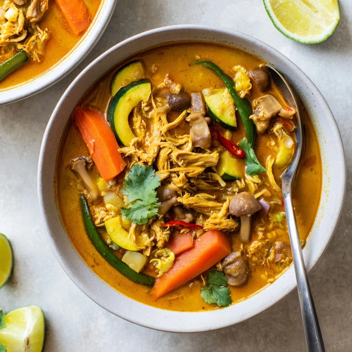 A steaming bowl of Jackfruit and Mushroom Balinese Curry paired with fluffy white rice and lime wedges on the side.