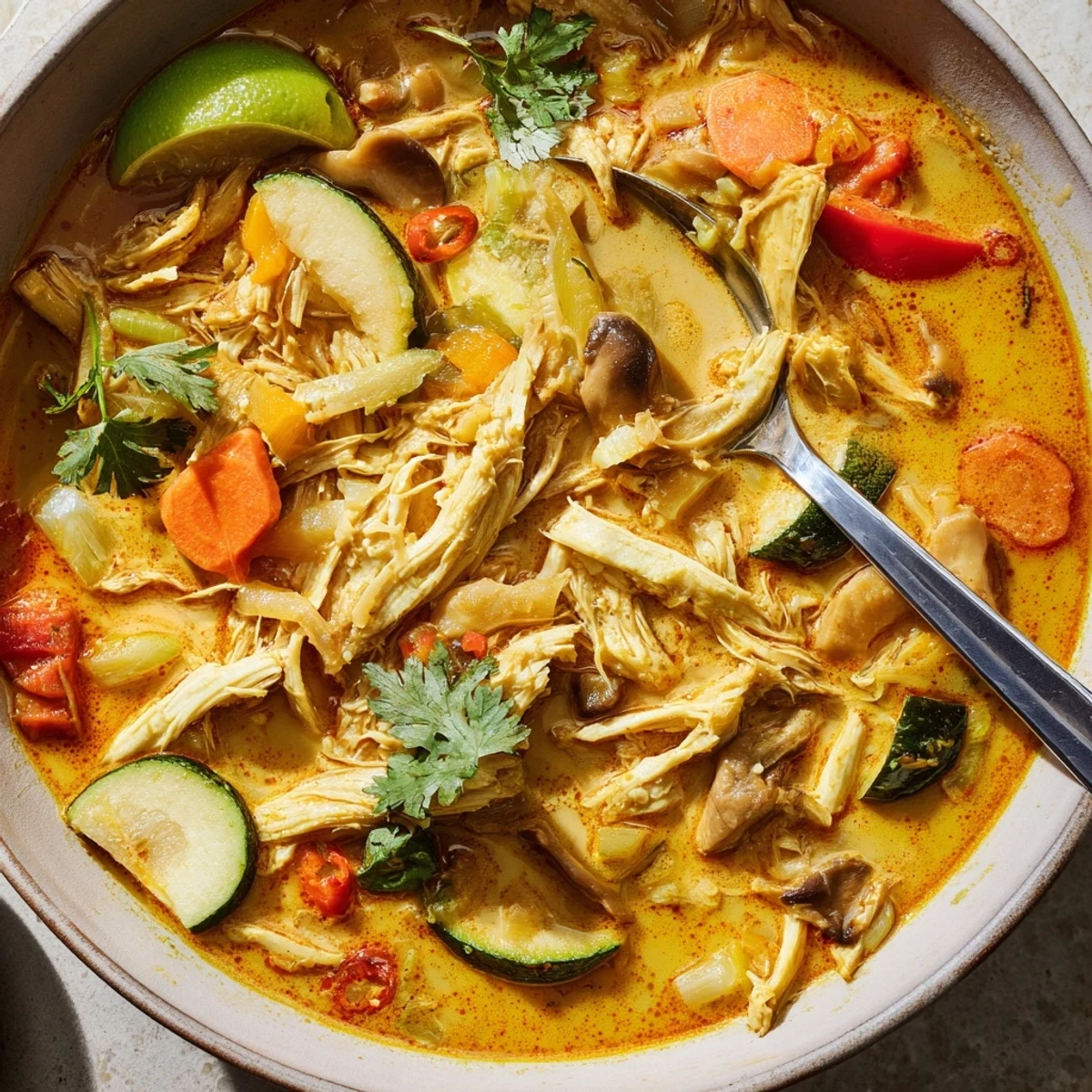 Close-up view of tender jackfruit and mushrooms coated in a rich, aromatic Balinese curry with vibrant red chili garnish.
