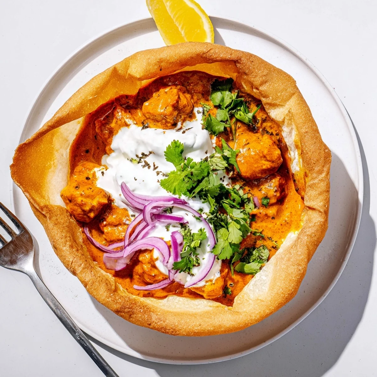 Golden-brown roti bowls filled with spiced butter chicken, topped with fresh cilantro, red onion, and a dollop of creamy yogurt.  