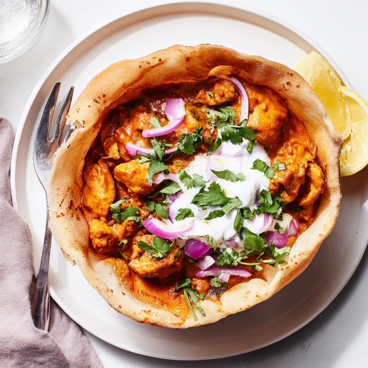 Butter Chicken Roti Bowls showcase tender chicken in a rich sauce inside crispy edible bread bowls for a vibrant meal.  