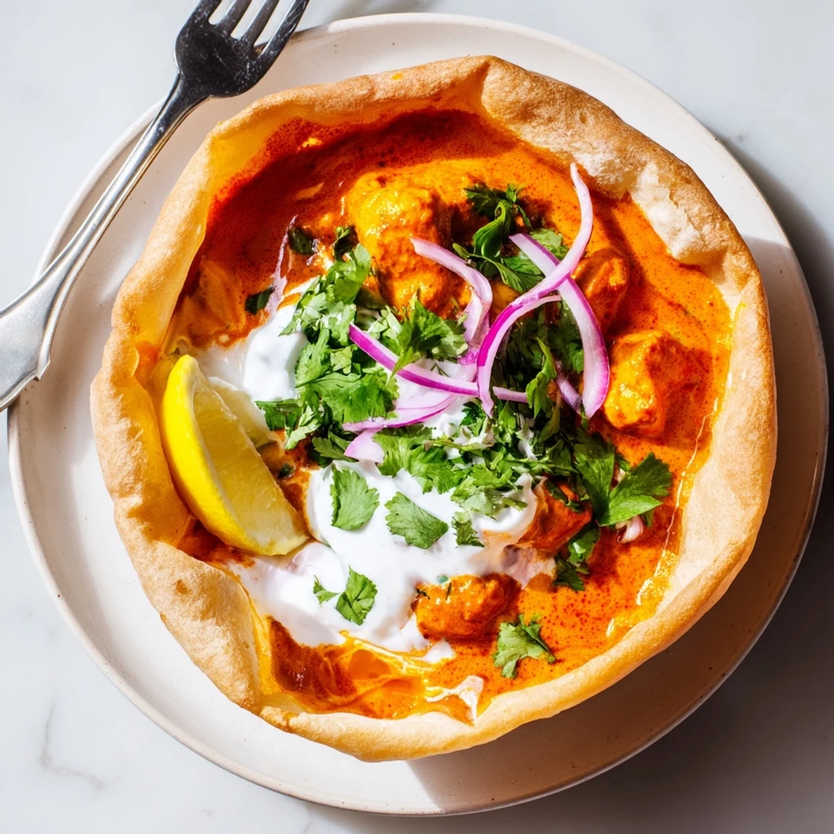 Warm Butter Chicken Roti Bowls topped with herbs and yogurt, served with lemon wedges on a rustic plate.