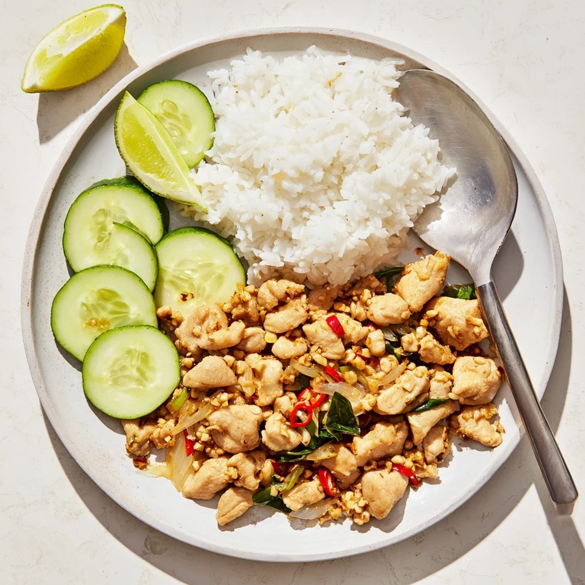 Golden brown Vietnamese Lemongrass Chicken pieces sizzling in a wok with sliced onions, served alongside fluffy steamed jasmine rice and fresh lime wedges.