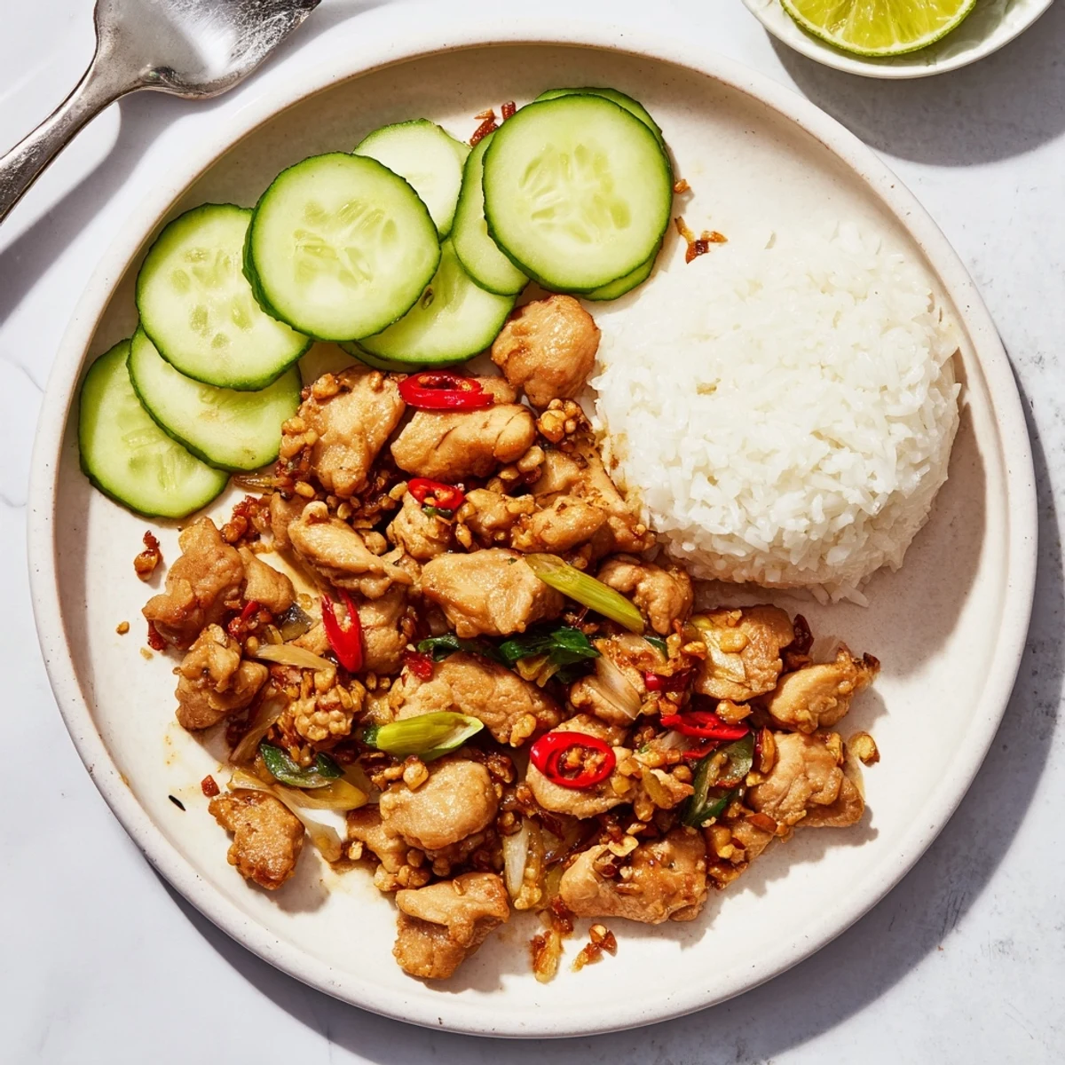 A close-up of tender Vietnamese Lemongrass Chicken garnished with spring onions, resting on a plate with crisp cucumber slices and a bowl of rice.