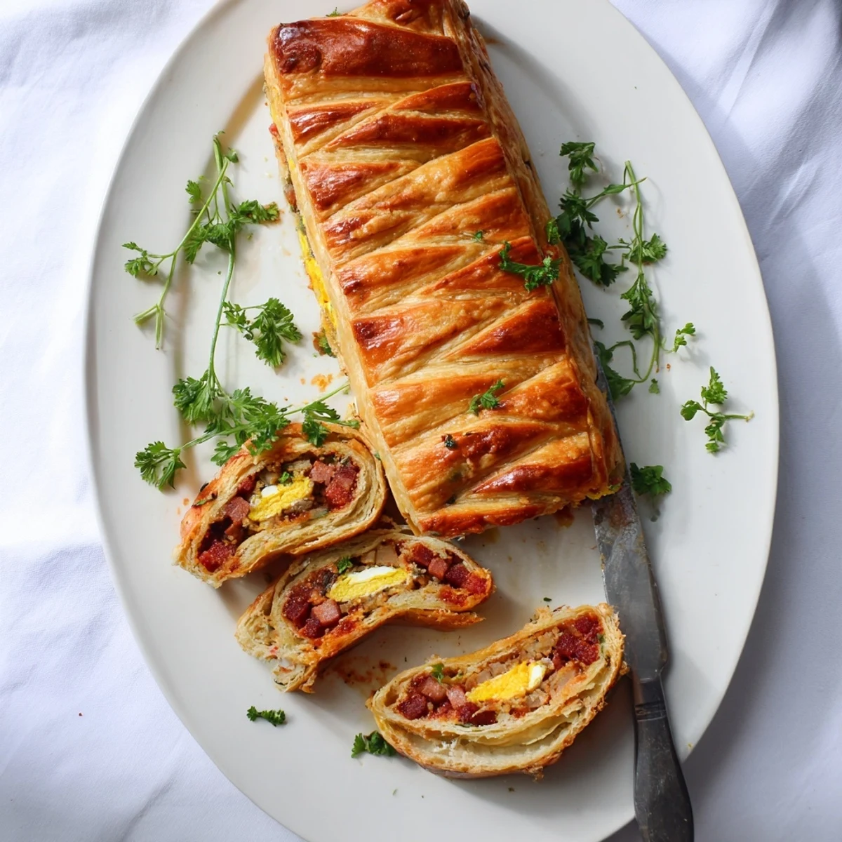 A close-up of the Giant Chorizo and Egg Sausage Roll, featuring golden, flaky puff pastry brushed with egg wash, revealing a slice with layers of spicy chorizo, pork sausage, and a vibrant soft-boiled egg center, perfect for a hearty brunch spread.