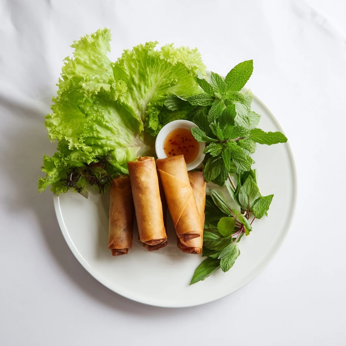 Golden crispy Cha Gio spring rolls are displayed on a plate with fresh lettuce, mint, and a small bowl of Nuoc Cham dipping sauce.  