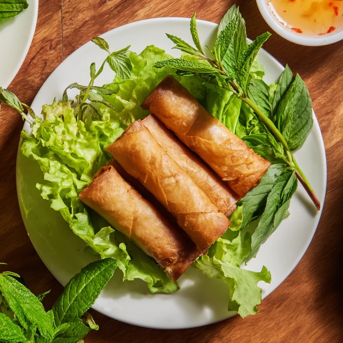 Steaming Cha Gio appetizer with visible pork and shrimp filling, served with Vietnamese herbs and a tangy dipping sauce.
