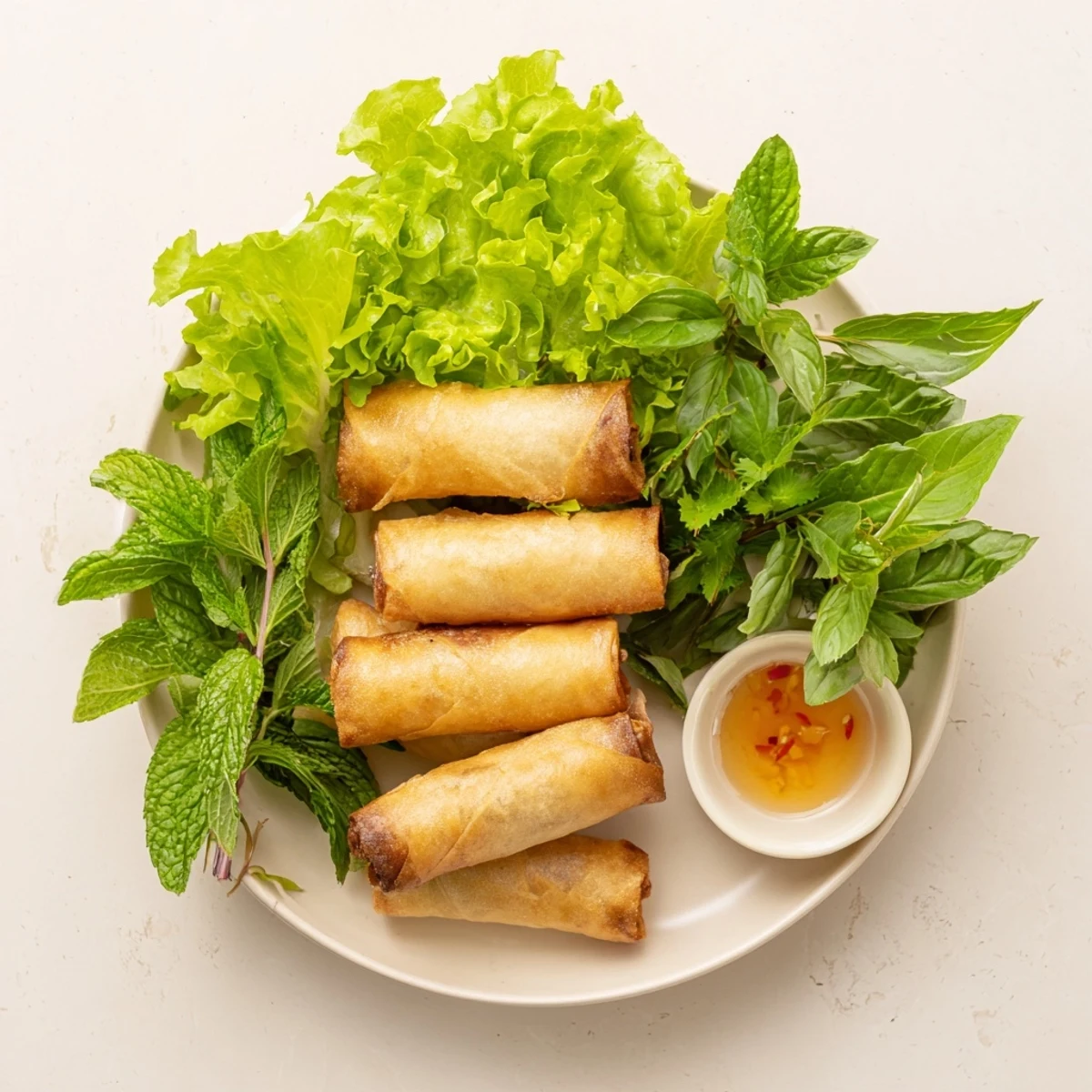 Close-up of freshly fried Cha Gio spring rolls with a crunchy, golden-brown exterior and a side of herbs and dipping sauce.  