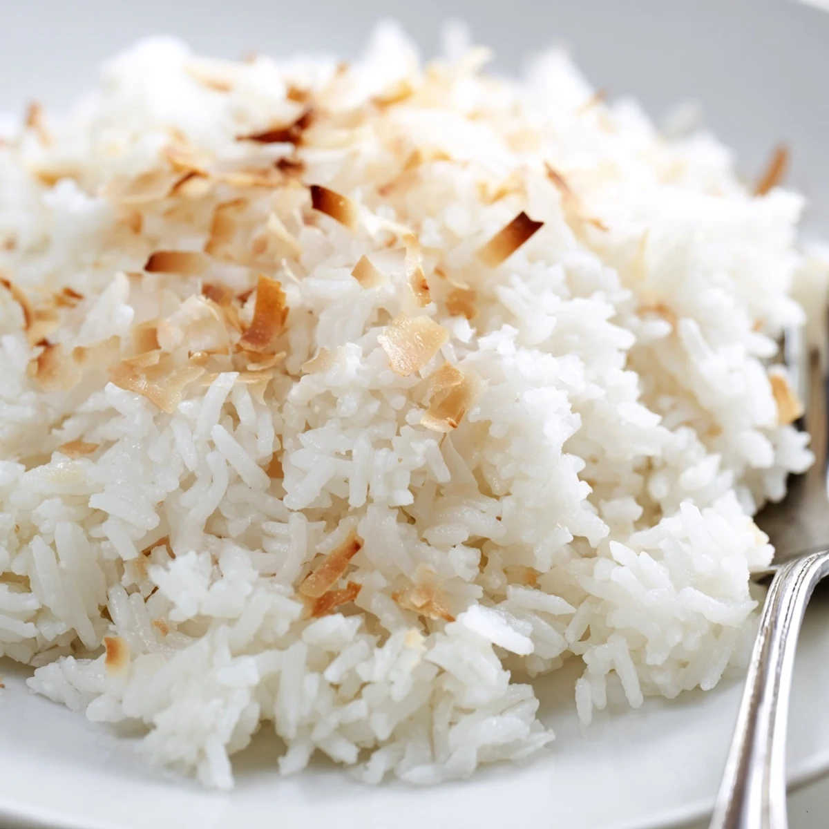 Freshly cooked The Best Coconut Rice garnished with toasted coconut flakes and sesame seeds in a ceramic dish