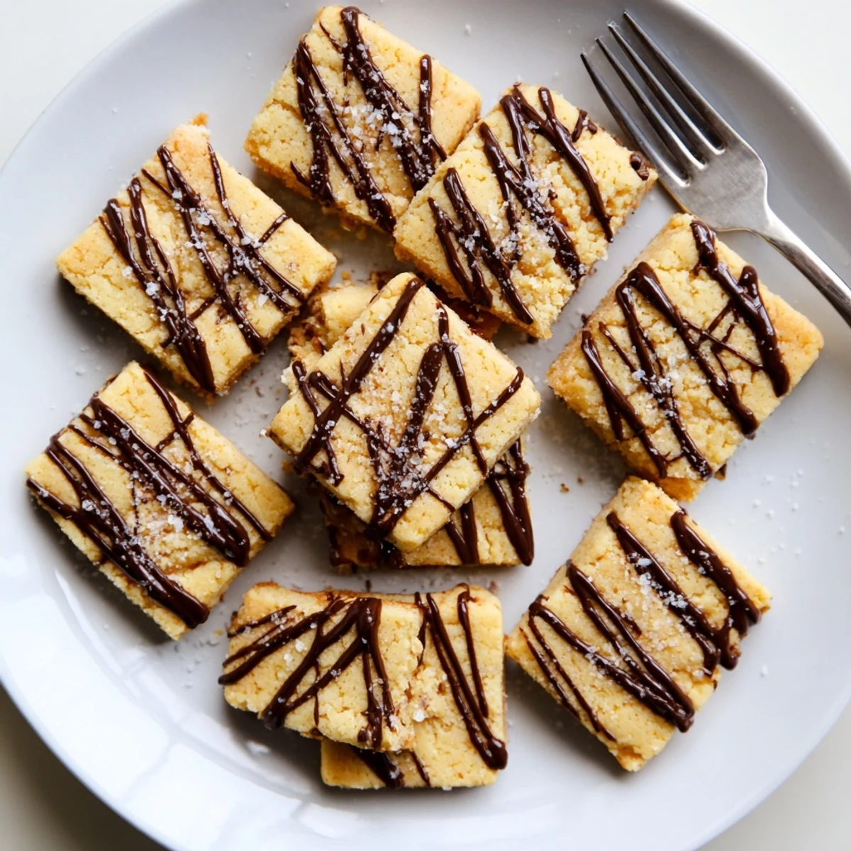 A close-up of Espresso Shortbread Cookies drizzled with dark chocolate and sprinkled with flaky sea salt on a rustic wooden board.