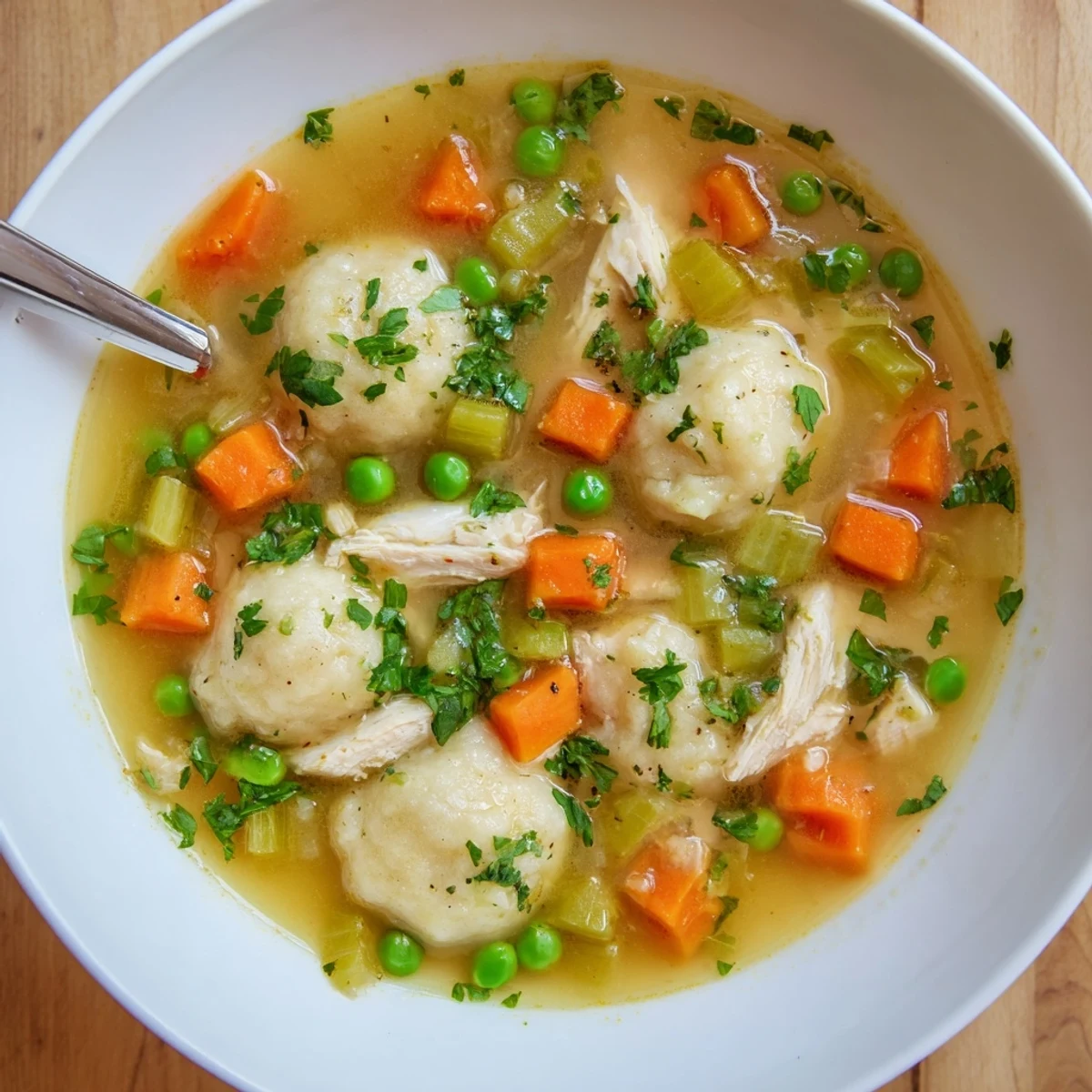 A warm, close-up shot of One Pot Chicken Dumpling Soup with fluffy dumplings and tender chicken in a rich broth.