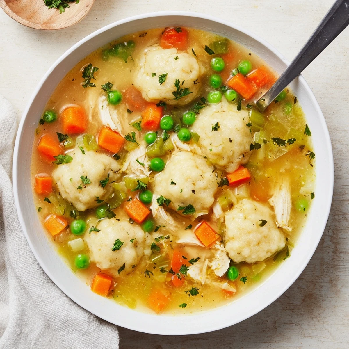 Steaming One Pot Chicken Dumpling Soup served in a rustic bowl, garnished with fresh parsley and vibrant carrots.
