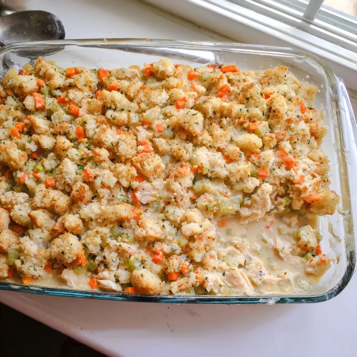 Golden-brown Dollys Chicken Stuffing Casserole emerges from the oven, steam rising from a creamy chicken and herb filling.