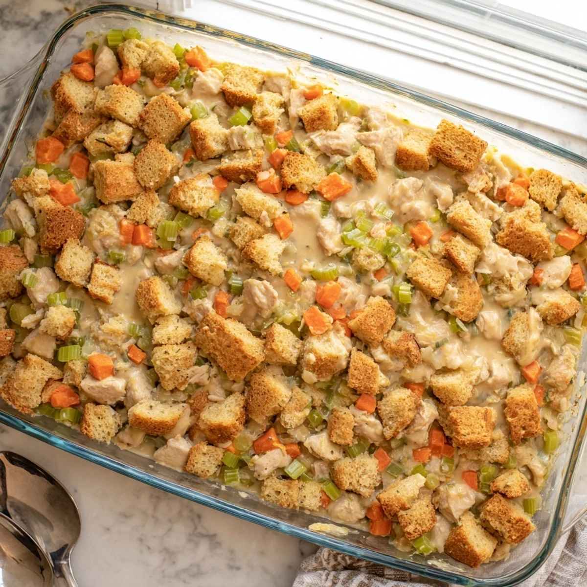 A spoonful of Dollys Chicken Stuffing Casserole reveals tender shredded chicken and savory stuffing in a bubbling creamy sauce.