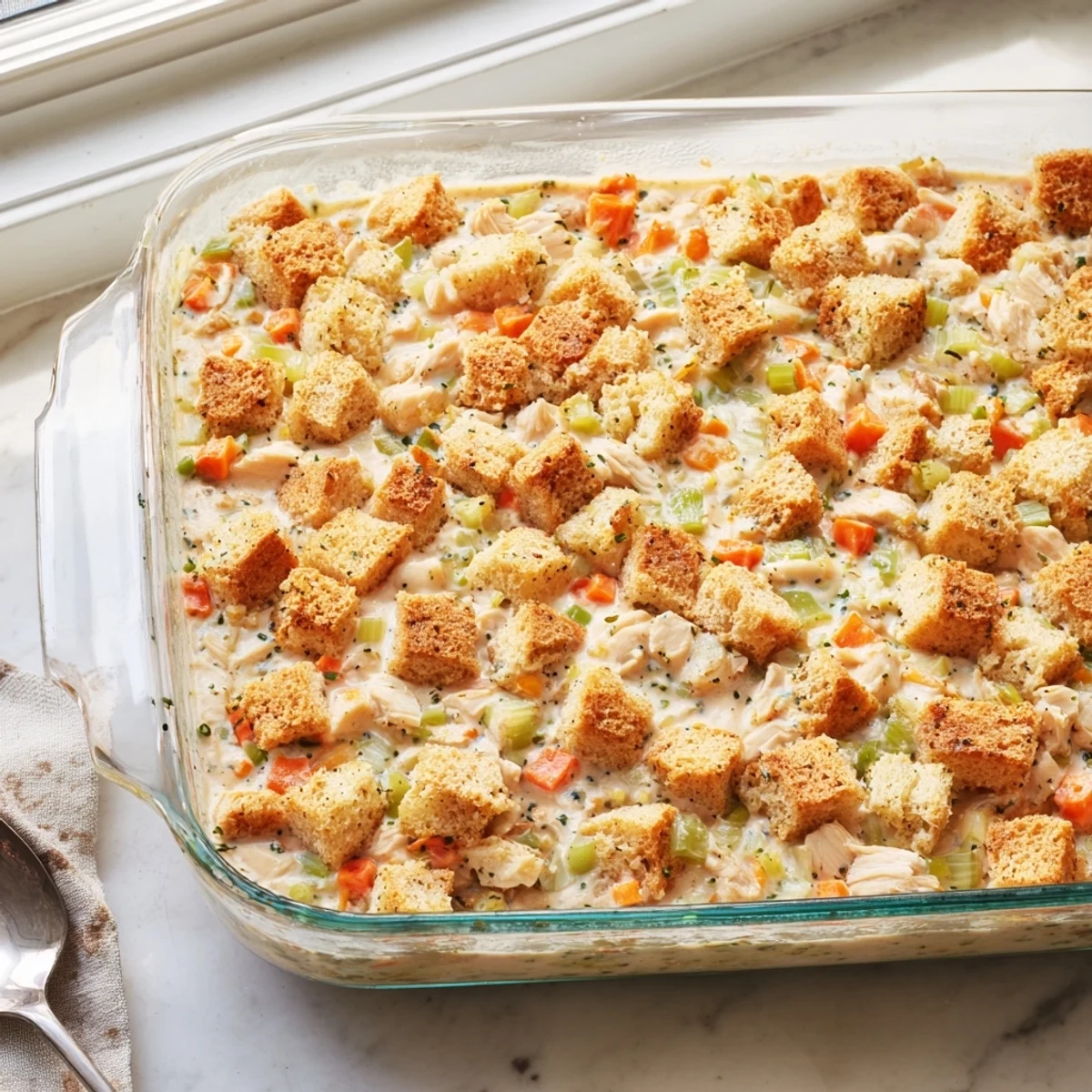 Ready to serve, Dollys Chicken Stuffing Casserole sits in a rustic dish, perfect with a crisp green salad.