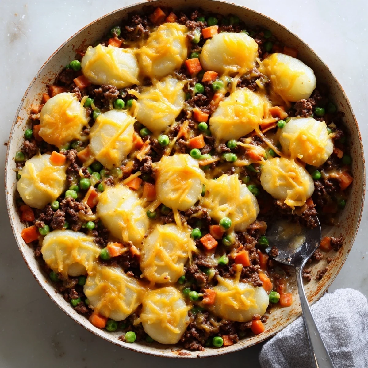 Golden melted cheddar and Parmesan cheese bubble over pillowy gnocchi in a skillet of Quick Gnocchi Shepherds Pie.