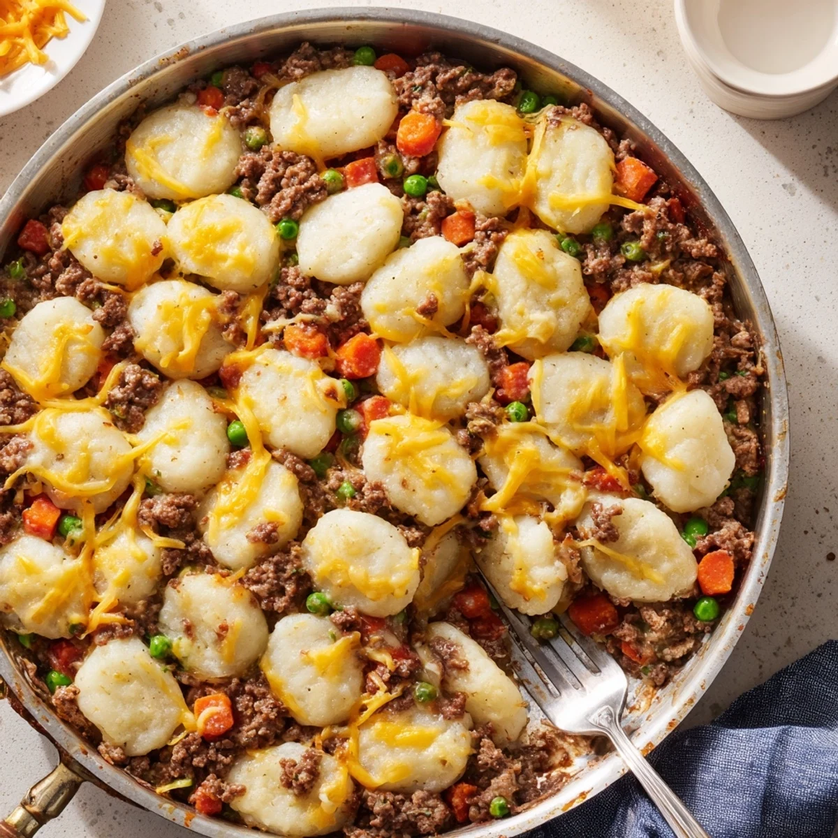 A spoon lifts a hearty serving of Quick Gnocchi Shepherds Pie revealing savory beef and peas beneath.