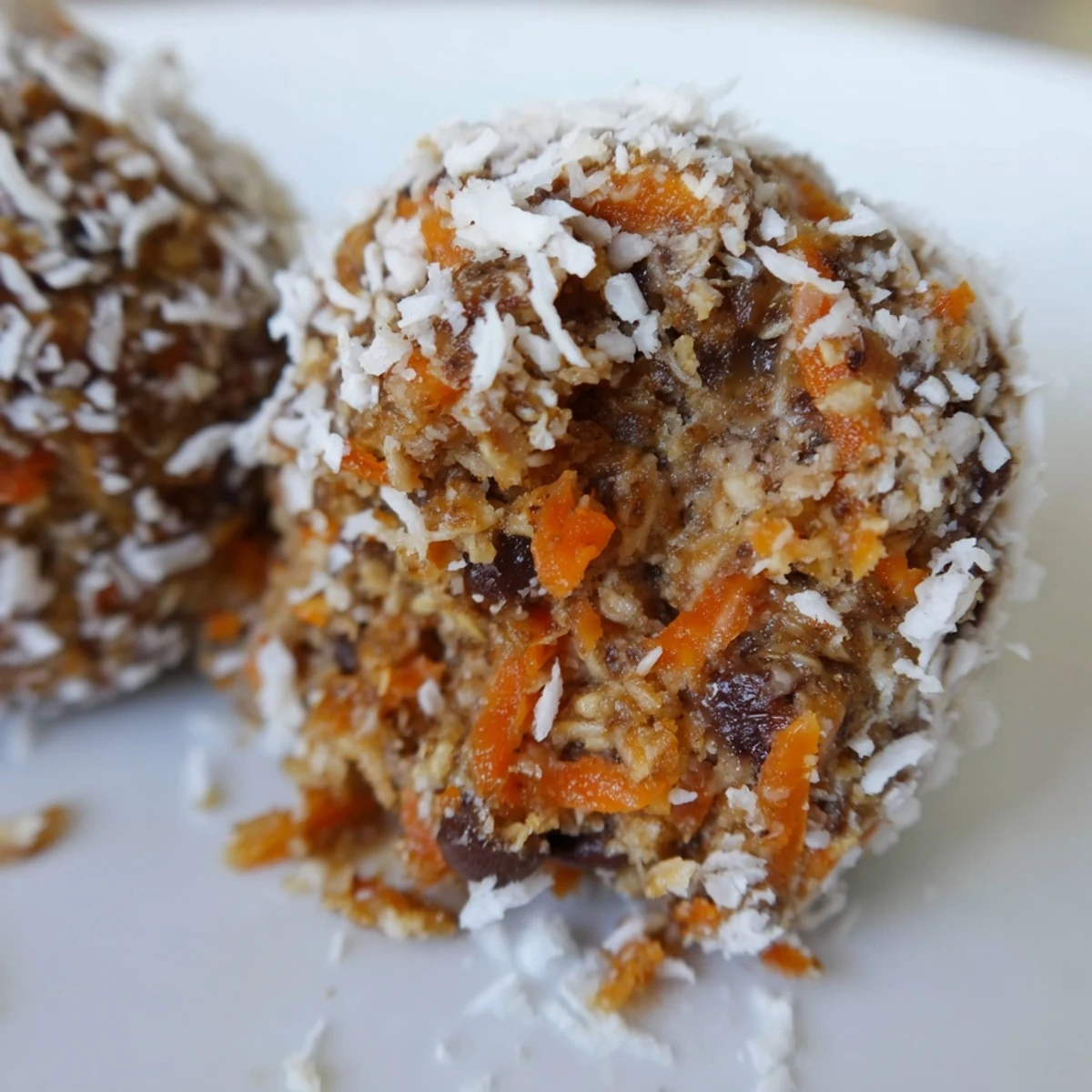 A close-up of No Bake Carrot Cake Bites coated in shredded coconut, showing a moist, spiced interior.