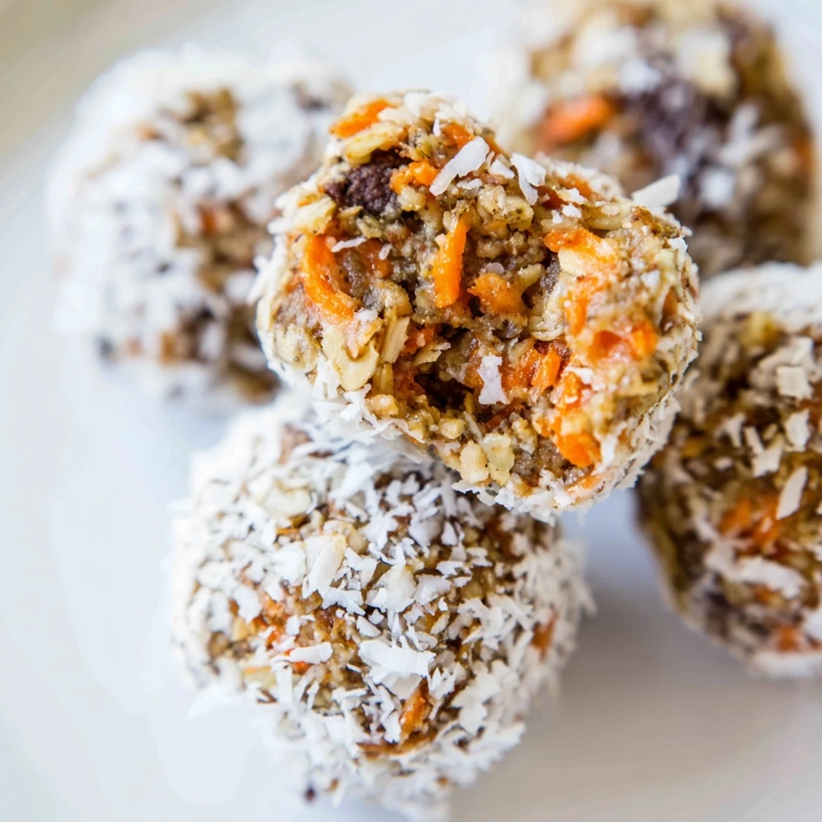 These No Bake Carrot Cake Bites are ready to serve on a white plate, perfect for a healthy snack.