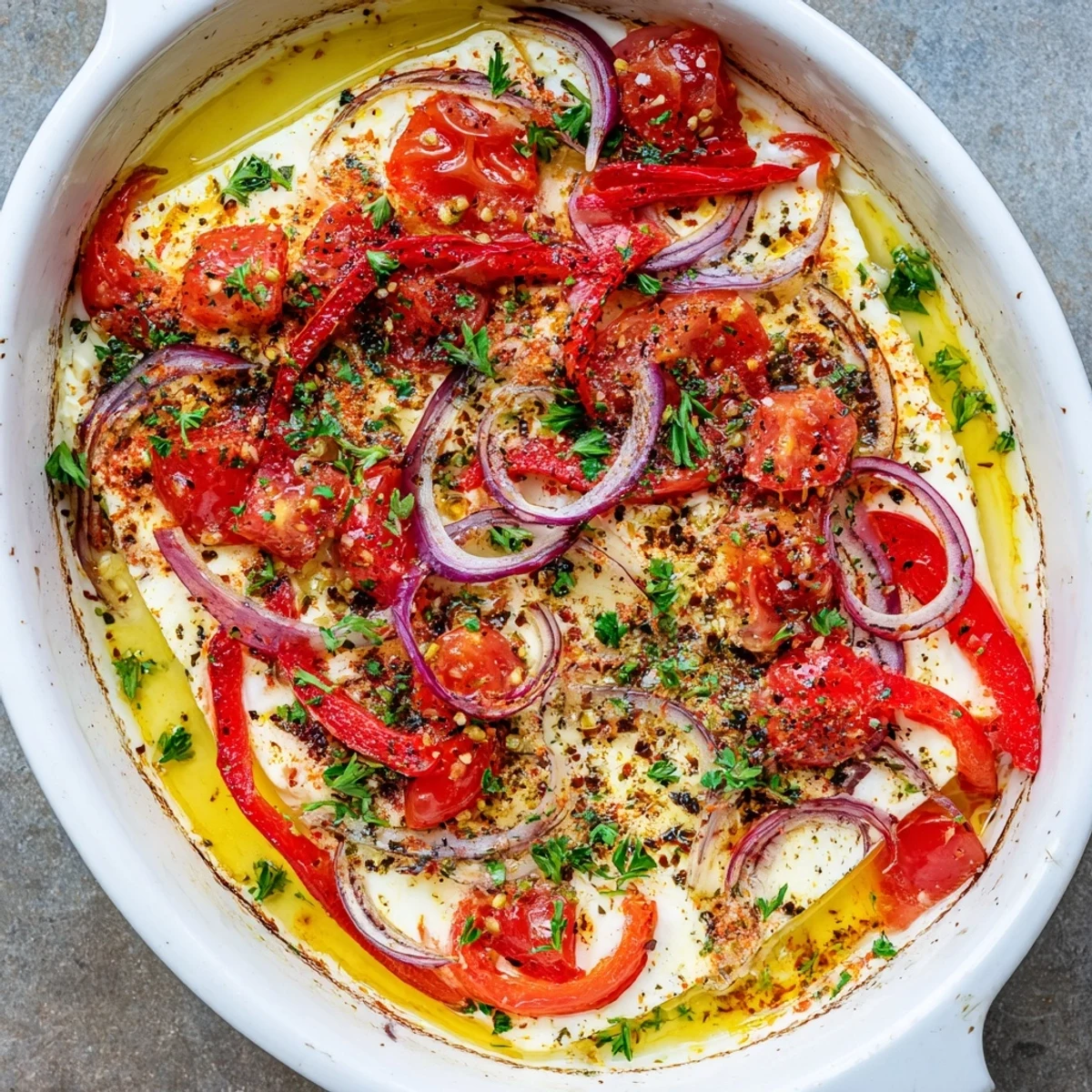 A close-up of Spicy Baked Feta in a rustic dish with roasted red peppers and onions, glistening with olive oil and herbs.