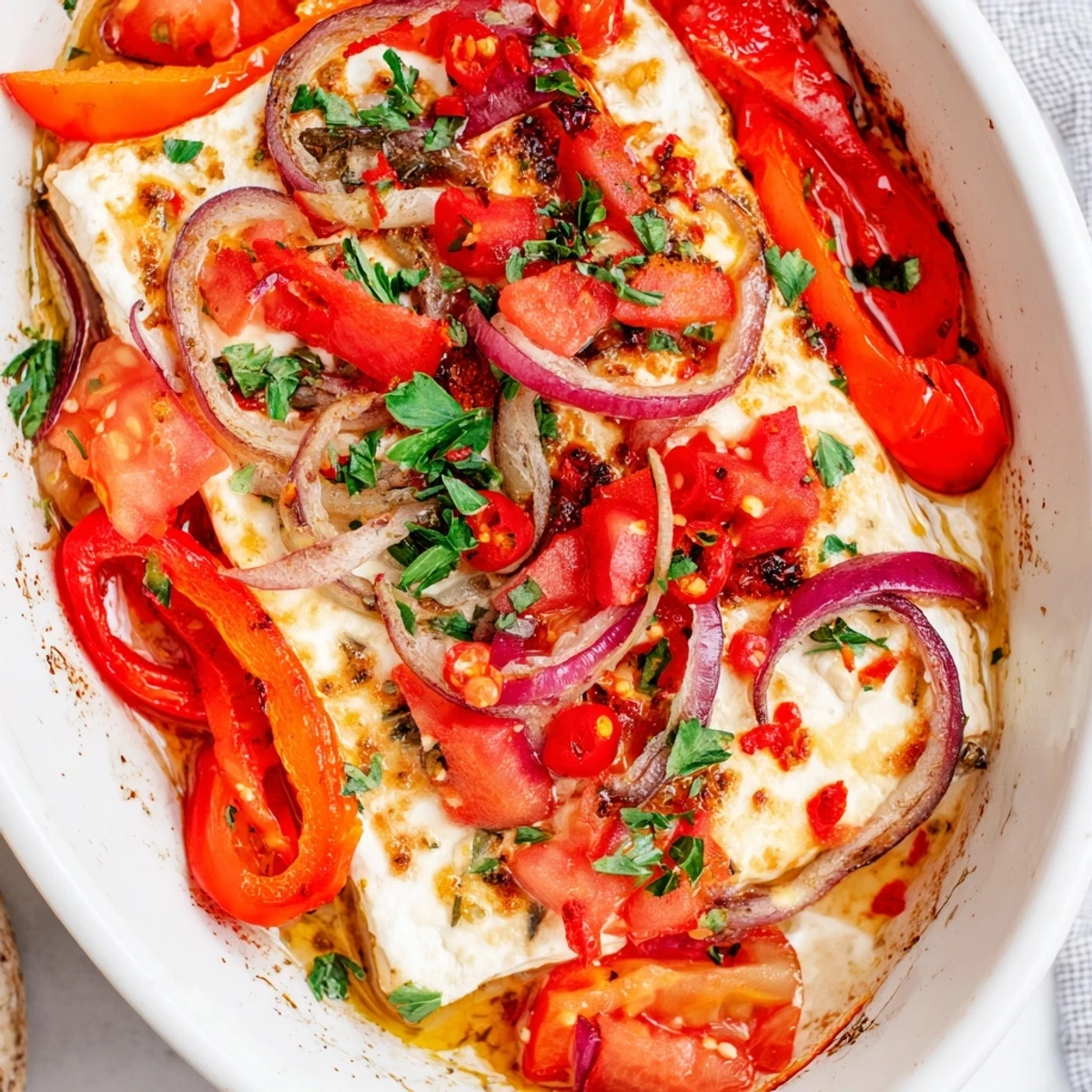 Freshly baked Spicy Baked Feta with golden edges, vibrant tomatoes, and a garnish of parsley and lemon wedges.