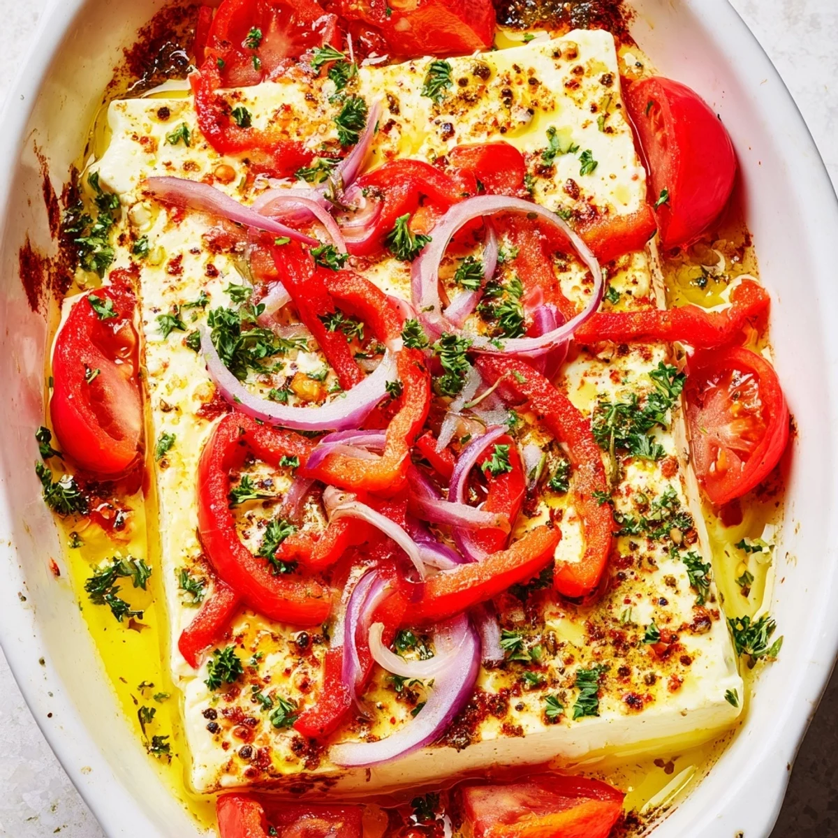 A serving of warm Spicy Baked Feta, surrounded by crusty gluten-free bread slices and colorful vegetables.