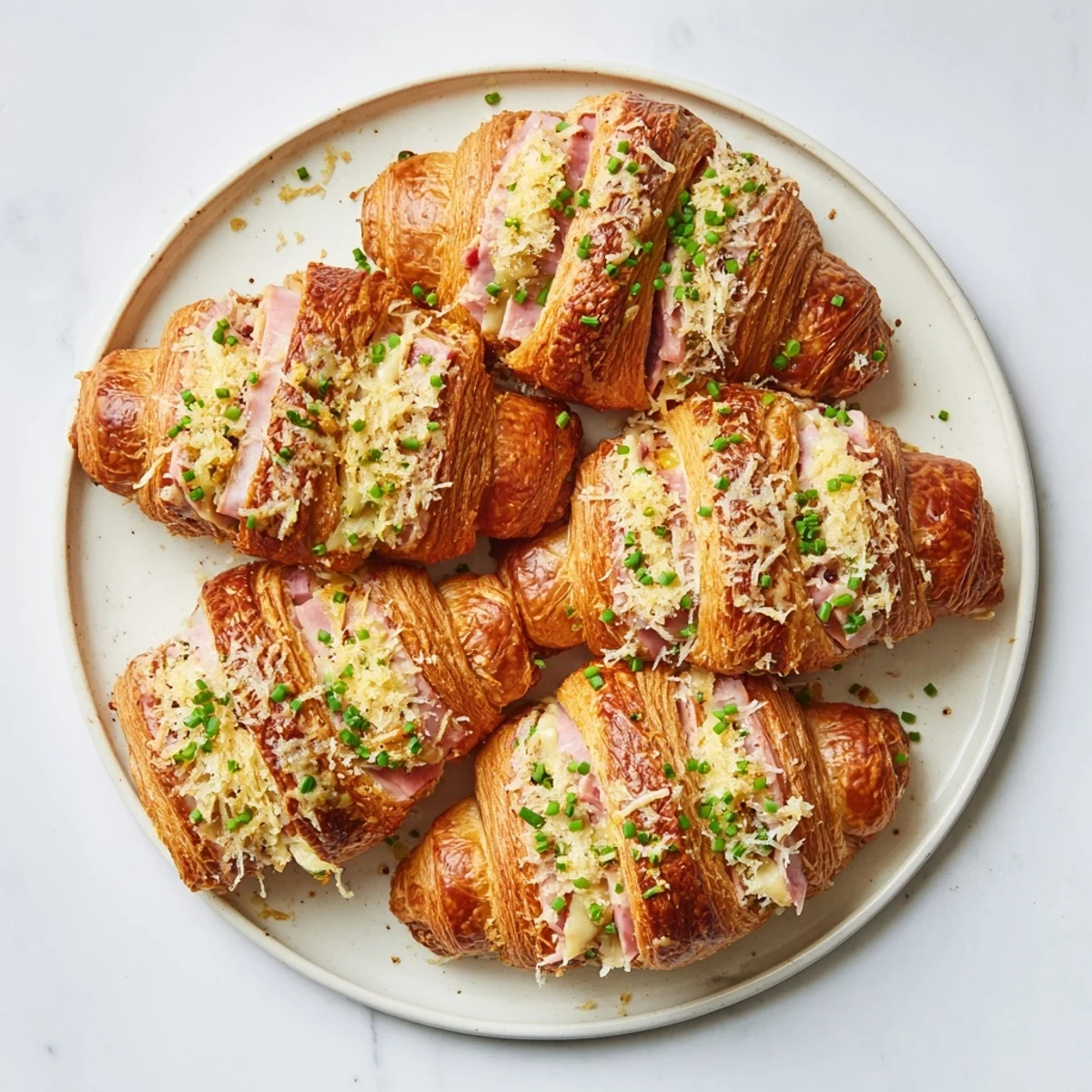 Four golden, flaky croissants stuffed with ham and melted cheese sit on a baking sheet.
