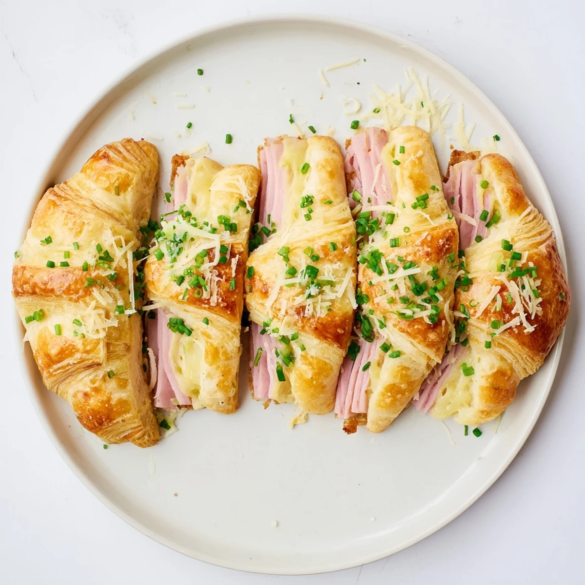 Freshly baked stuffed croissants with melted Gruyère and ham, served warm for breakfast.