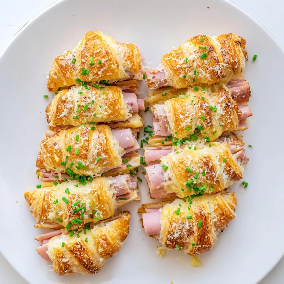 A close-up view shows melted cheese and savory ham filling inside buttery croissants.