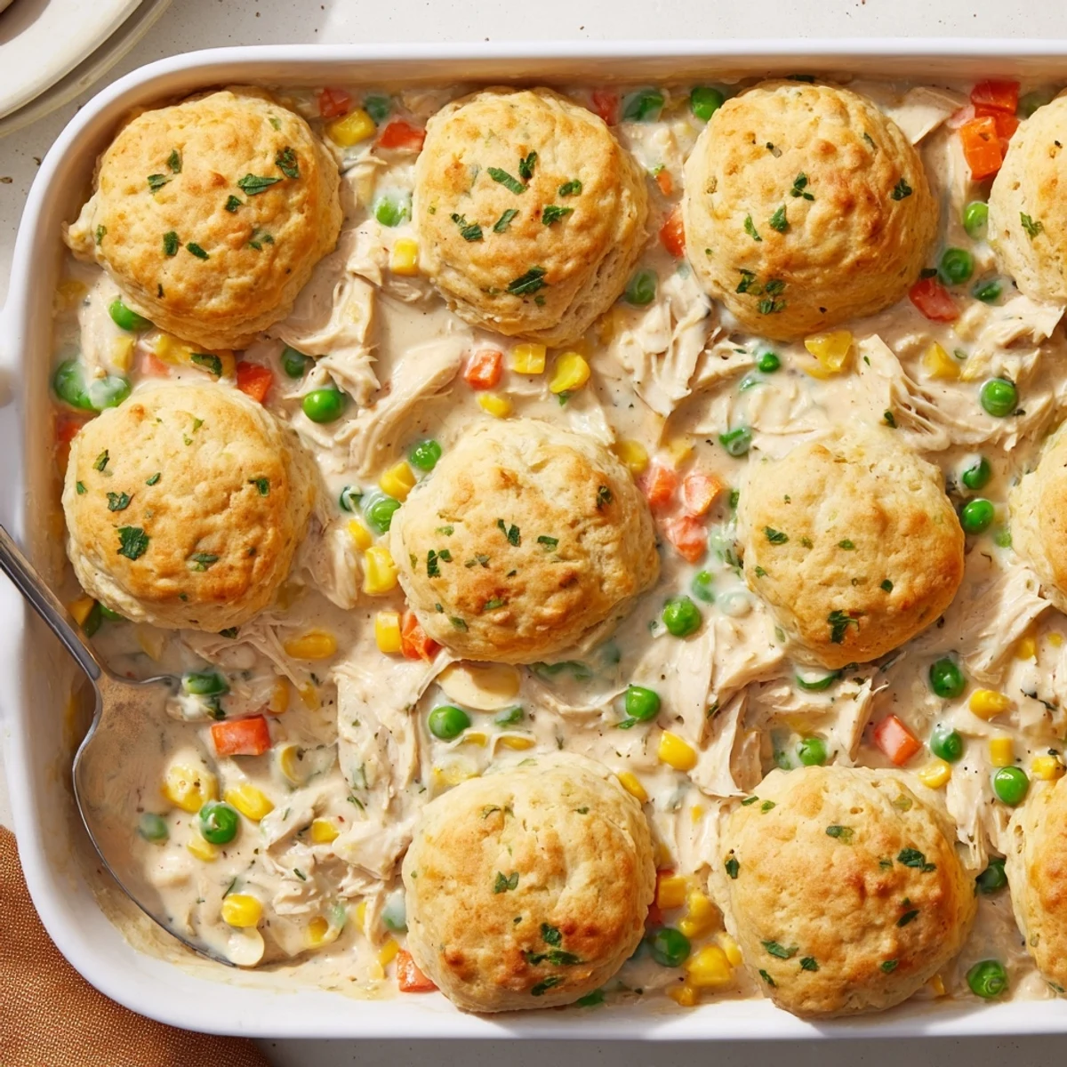 Freshly baked Red Lobster Biscuit Chicken Pot Pie emerges golden and bubbling from the oven, ready for a comforting dinner.