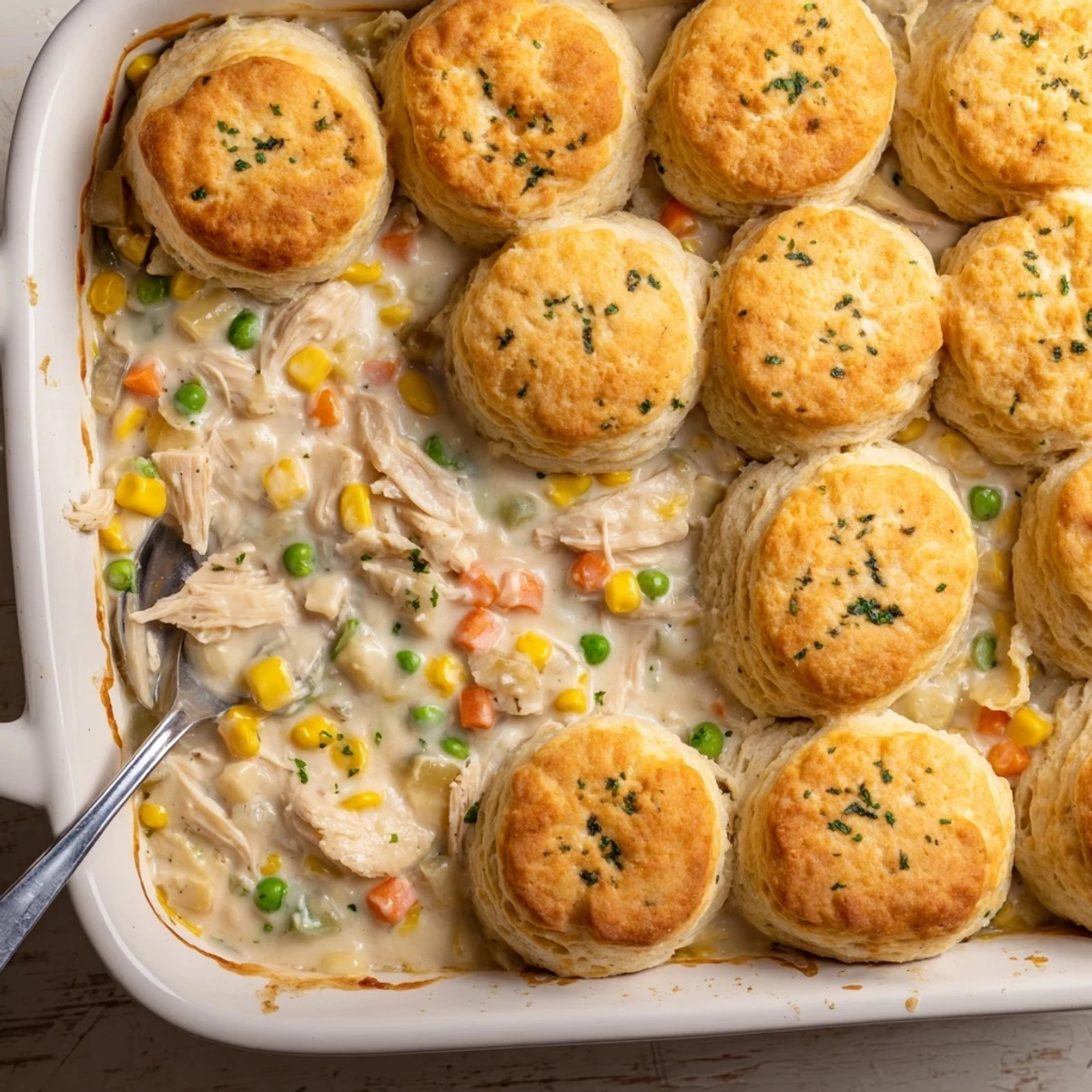 Steaming Red Lobster Biscuit Chicken Pot Pie reveals creamy filling with peas and corn under cheesy, garlicky biscuit topping.