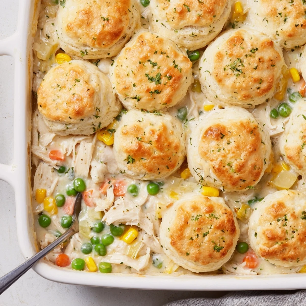 A slice of Red Lobster Biscuit Chicken Pot Pie is served on a plate with a fresh green salad beside it.