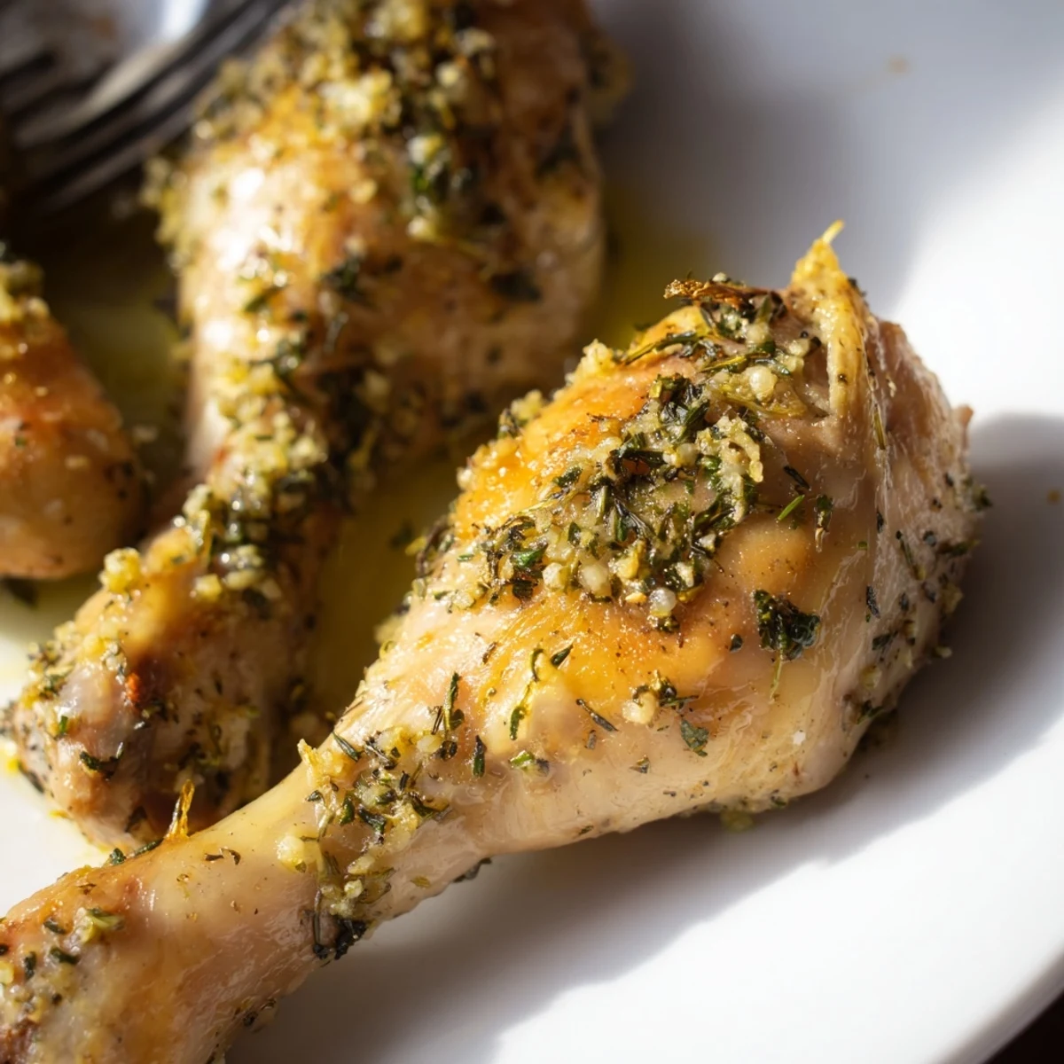 Golden-brown herb roasted chicken drumsticks glistening with fresh rosemary and thyme on a rustic platter.  