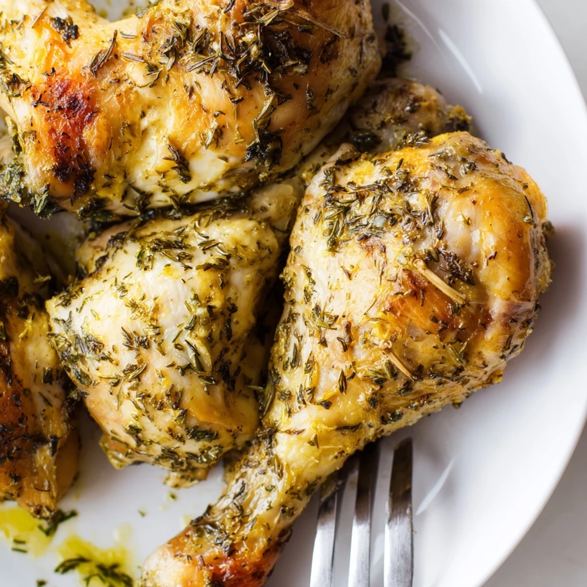 Herb roasted chicken drumsticks served with lemon wedges and parsley on a warm plate.  