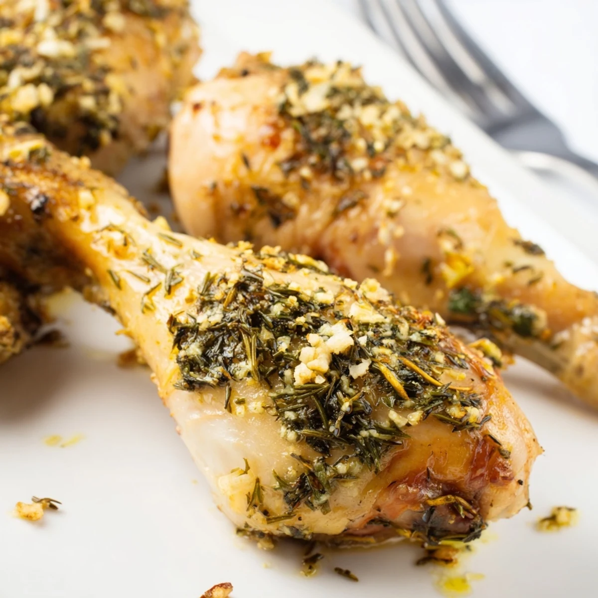 Juicy herb roasted chicken drumsticks resting on a baking sheet with aromatic garlic and herbs.