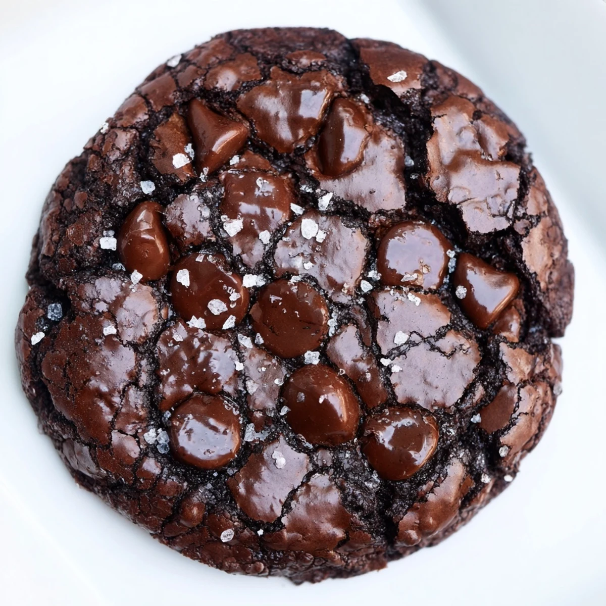 Freshly baked Gourmet Brownie Cookies with crackly tops and gooey centers, dusted with flaky sea salt and served on a rustic plate.
