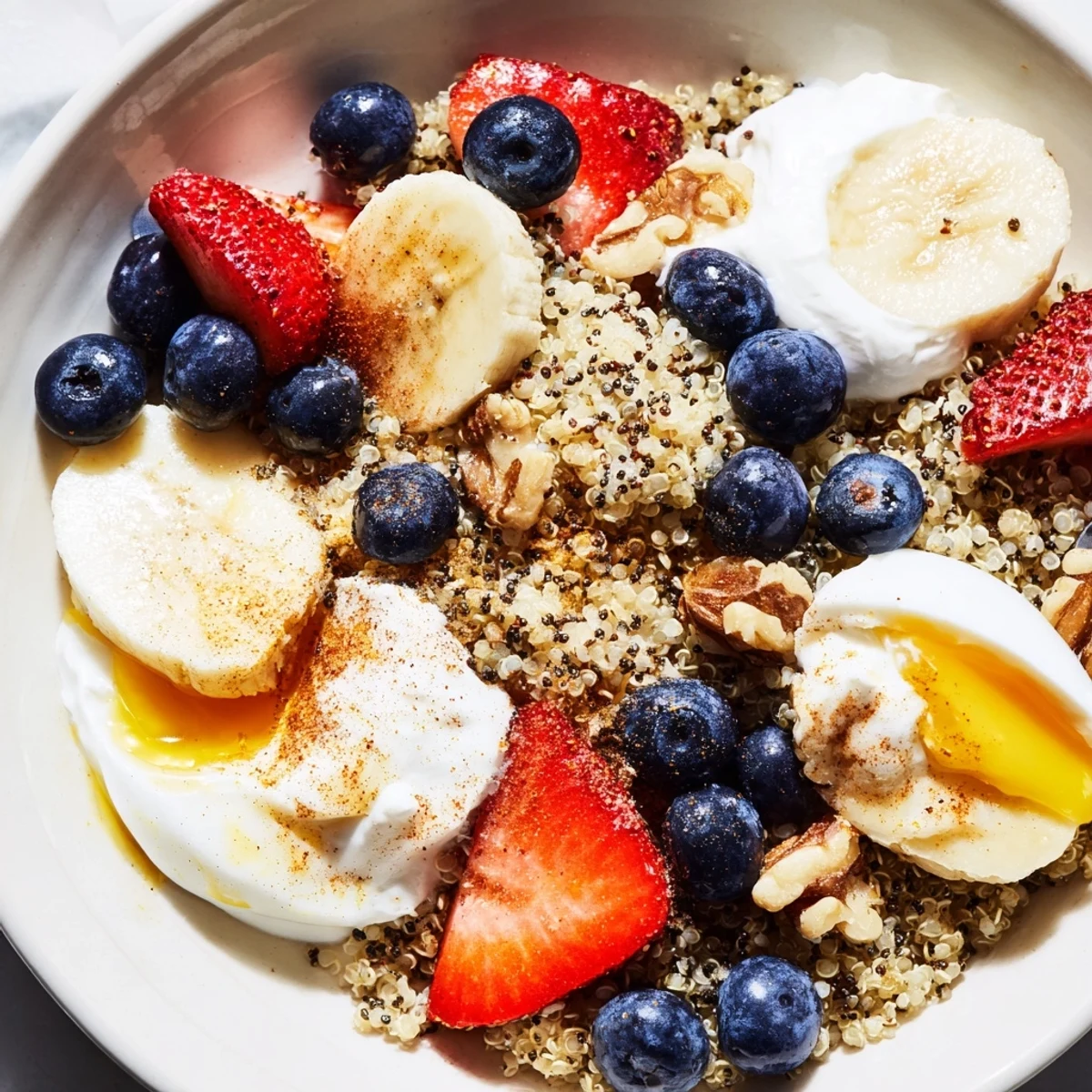 Vibrant photo of Dietitians Balanced Breakfast Bowl with quinoa, Greek yogurt, berries, sliced banana, and soft-boiled egg halves topped with chopped nuts and chia seeds for a nutritious morning meal.
