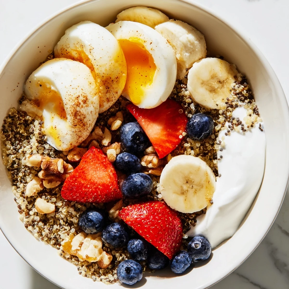 Overhead view of Dietitians Balanced Breakfast Bowl featuring whole grains, fresh fruit, creamy yogurt, and protein-rich eggs, drizzled with honey and sprinkled with cinnamon for a perfect U.S. breakfast.