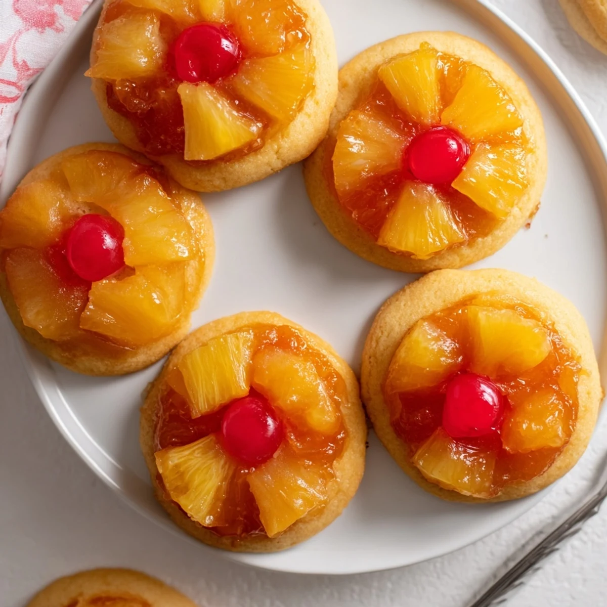 Golden Pineapple Upside Down Sugar Cookies with caramelized pineapple and red cherries on a wire rack.