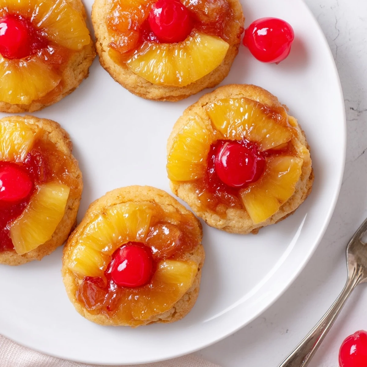 Warm Pineapple Upside Down Sugar Cookies featuring glossy brown sugar glaze and a vanilla scoop suggestion.