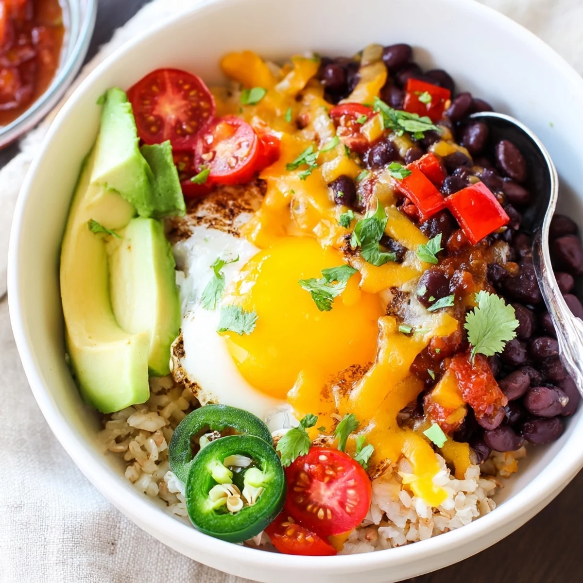 A close-up of Tex Mex Inspired Breakfast Bowls with fluffy rice, black beans, and a perfectly cooked egg on top, garnished with fresh avocado slices and cilantro.