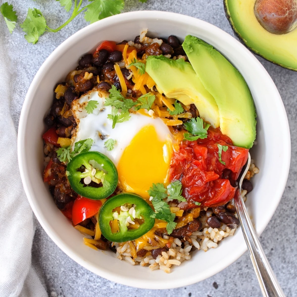 Tex Mex Inspired Breakfast Bowls served in rustic bowls, featuring vibrant diced red peppers, cherry tomatoes, and shredded cheddar cheese, ready to be enjoyed.