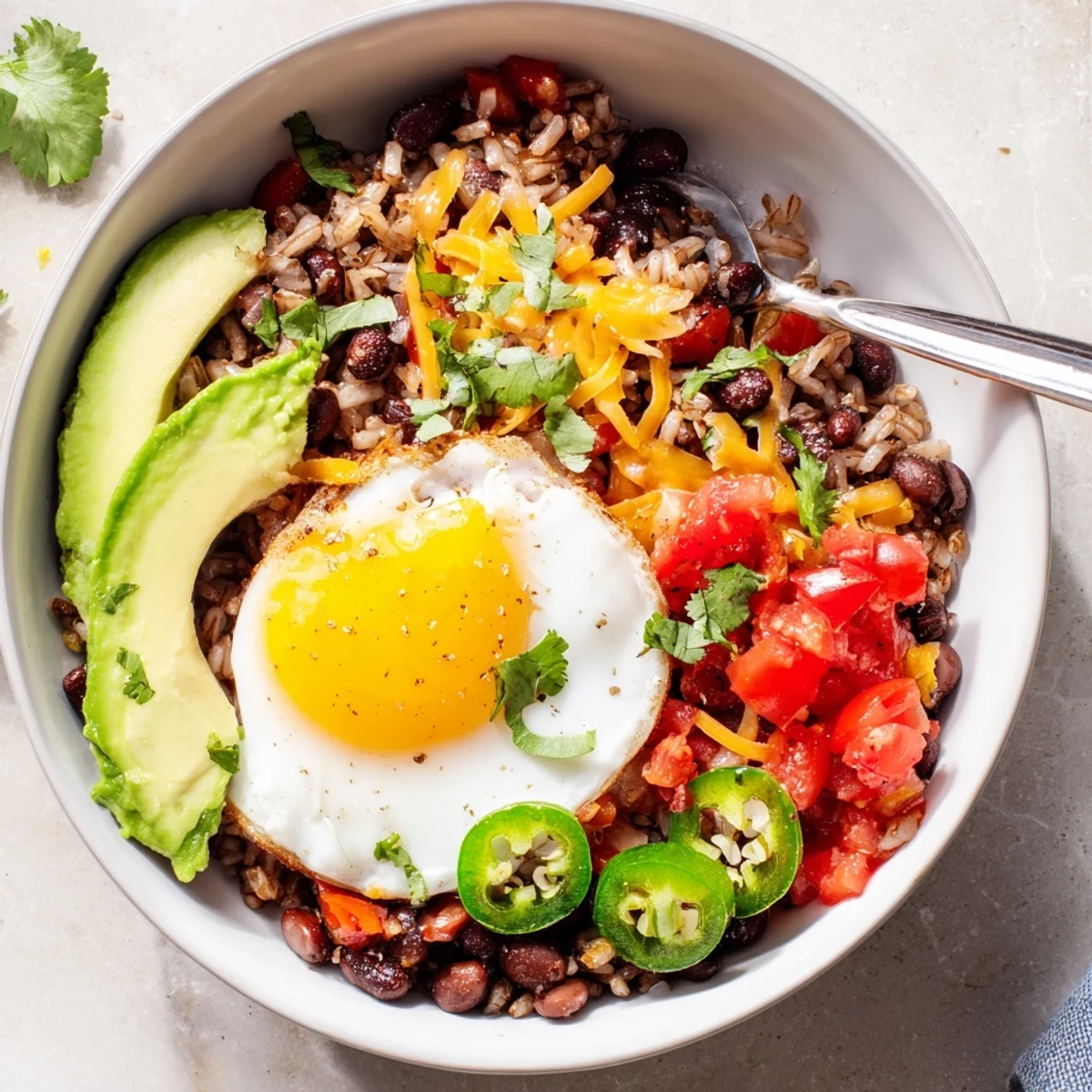 Detailed view of Tex Mex Inspired Breakfast Bowls with scrambled eggs, sautéed onions, and jalapeños, alongside a side of lime wedges and salsa for dipping.