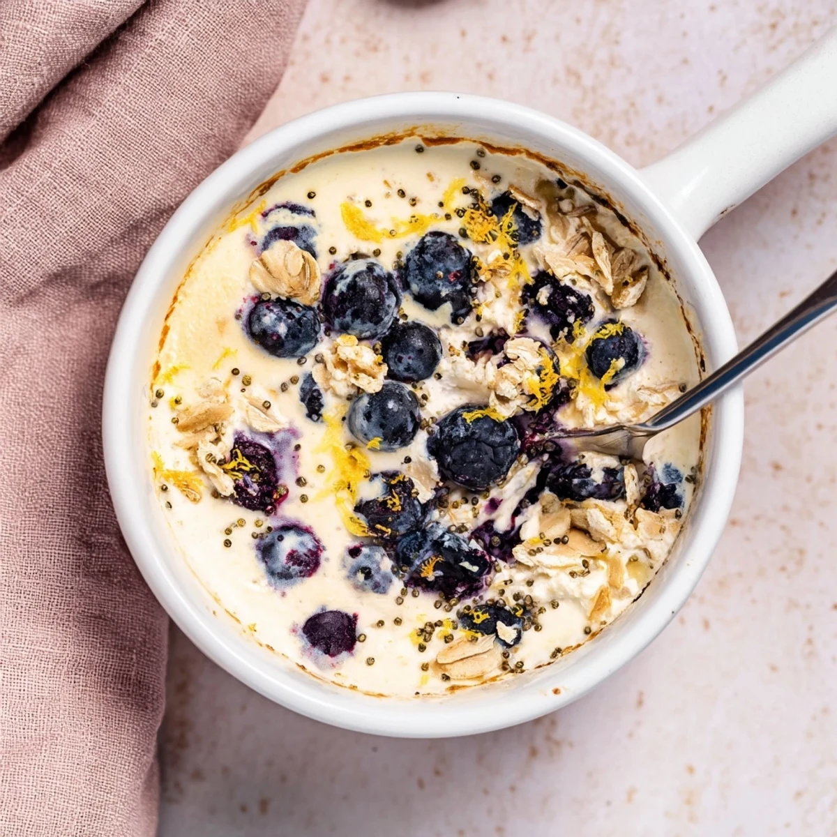 A close-up of Baked Blueberry Cottage Cheese Breakfast Bowls, showing a golden-brown top with visible blueberries and a drizzle of honey.